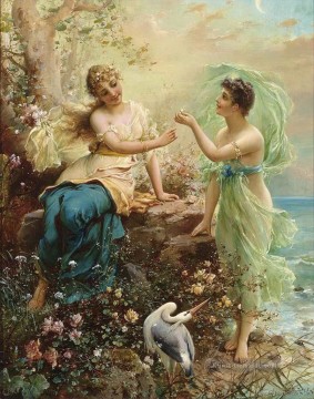 Impressionismus Werke - Blumen Mädchen mit einem Vogel Hans Zatzka schöne Frau Dame